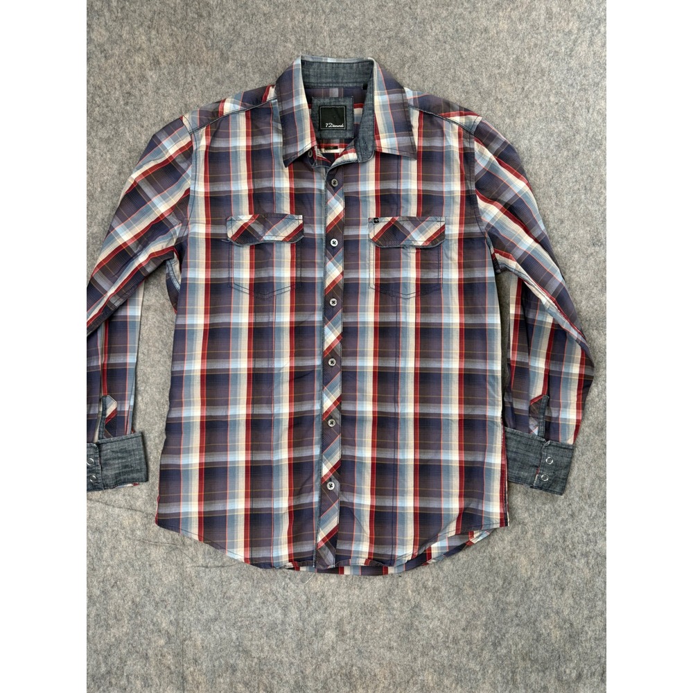 7 Diamonds Mens Plaid Long Sleeve Button Down Shirt Blue Red Size M Denim Trim
